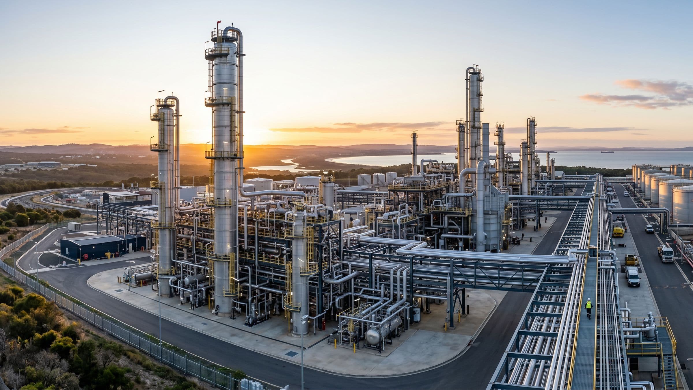 Arosolv industrial refinery complex at sunset